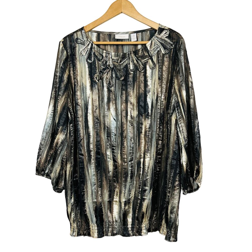 Chico's Scoop Neck Tunic Top Long Sleeve Casual Ribbon Trim Metallic - 3